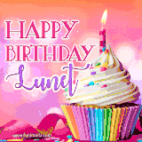 A vibrant birthday GIF featuring a rainbow-colored cupcake topped with white frosting, sprinkles, and a lit candle. The text reads 'Happy Birthday Lunet' in bold pink and violet letters with white outline.