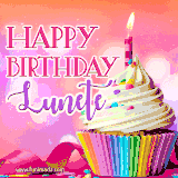 A vibrant birthday GIF featuring a rainbow-colored cupcake topped with white frosting, sprinkles, and a lit candle. The text reads 'Happy Birthday Lunete' in bold pink and violet letters with white outline.