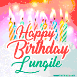 Bright birthday candles with rainbow flames on a cake, alongside the text 'Happy Birthday Lungile' in vibrant script in this celebratory animated GIF.