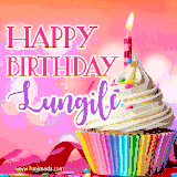 A vibrant birthday GIF featuring a rainbow-colored cupcake topped with white frosting, sprinkles, and a lit candle. The text reads 'Happy Birthday Lungile' in bold pink and violet letters with white outline.