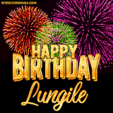 A golden 'Happy Birthday Lungile' message with vibrant fireworks in the background, creating a festive and celebratory vibe in this animated name GIF.