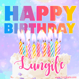 A vibrant animated name GIF with the words 'Happy Birthday Lungile' with colorful candles on a creamy cake. The background sparkles with pastel shades, adding a festive touch.