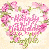 A stunning heart made of pink roses surrounds the elegant script text 'Happy Birthday Lungile' on a soft beige background. Animated sparkles add a magical and festive feel.
