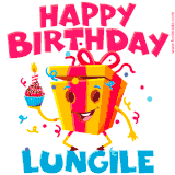 A vibrant and funny gift box character with a happy face dancing with a cupcake and the text 'Happy Birthday Lungile,' surrounded by animated confetti and party vibes.