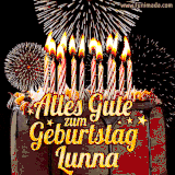 A chocolate birthday cake with glowing candles, the German text 'Alles Gute zum Geburtstag Lunna,' and vibrant fireworks lighting up the background in an animated GIF.