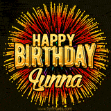 Golden 'Happy Birthday Lunna' text accompanied by animated rainbow fireworks for a festive animated greeting.