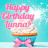 A festive cupcake with pink icing, a gingham bow, and a lit animated sparkler, paired with 'Happy Birthday Lunna!' in bright pink text.