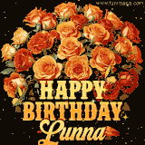Animated bouquet of orange roses with moving butterfles and golden 'Happy Birthday Lunna' text, surrounded by sparkling accents and a dark backdrop for a luxurious feel.