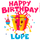 A vibrant and funny gift box character with a happy face dancing with a cupcake and the text 'Happy Birthday Lupe,' surrounded by animated confetti and party vibes.