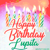 Bright birthday candles with rainbow flames on a cake, alongside the text 'Happy Birthday Lupita' in vibrant script in this celebratory animated GIF.