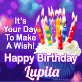 A colorful birthday GIF for Lupita featuring a cupcake with vibrant lit candles and the text 'It's Your Day to Make a Wish! Happy Birthday Lupita' in bold letters on a festive purple background.