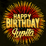 Golden 'Happy Birthday Lupita' text accompanied by animated rainbow fireworks for a festive animated greeting.