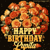 Animated bouquet of orange roses with moving butterfles and golden 'Happy Birthday Lupita' text, surrounded by sparkling accents and a dark backdrop for a luxurious feel.