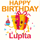 A vibrant and funny gift box character with a happy face dancing with a cupcake and the text 'Happy Birthday Lupita,' surrounded by animated confetti and party vibes.