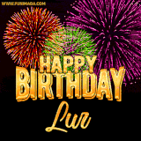 A golden 'Happy Birthday Lur' message with vibrant fireworks in the background, creating a festive and celebratory vibe in this animated name GIF.