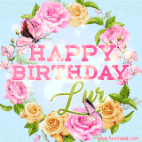 A charming animated GIF featuring 'Happy Birthday Lur' in pink and green text, surrounded by delicate roses, leaves, and fluttering butterflies on a soft light blue pastel background.