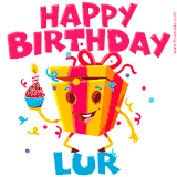 A vibrant and funny gift box character with a happy face dancing with a cupcake and the text 'Happy Birthday Lur,' surrounded by animated confetti and party vibes.