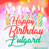 Bright birthday candles with rainbow flames on a cake, alongside the text 'Happy Birthday Lutgard' in vibrant script in this celebratory animated GIF.