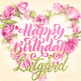 A stunning heart made of pink roses surrounds the elegant script text 'Happy Birthday Lutgard' on a soft beige background. Animated sparkles add a magical and festive feel.