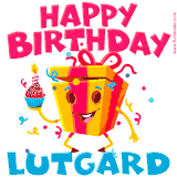 A vibrant and funny gift box character with a happy face dancing with a cupcake and the text 'Happy Birthday Lutgard,' surrounded by animated confetti and party vibes.