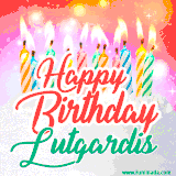 Bright birthday candles with rainbow flames on a cake, alongside the text 'Happy Birthday Lutgardis' in vibrant script in this celebratory animated GIF.