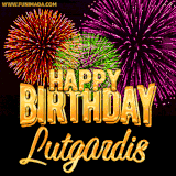 A golden 'Happy Birthday Lutgardis' message with vibrant fireworks in the background, creating a festive and celebratory vibe in this animated name GIF.