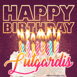 A colorful birthday cake topped with lit candles, with the words 'Happy Birthday Lutgardis' in bold glowing letters on a burgundy background. Animated flames add a festive touch.