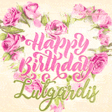 A stunning heart made of pink roses surrounds the elegant script text 'Happy Birthday Lutgardis' on a soft beige background. Animated sparkles add a magical and festive feel.