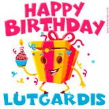 A vibrant and funny gift box character with a happy face dancing with a cupcake and the text 'Happy Birthday Lutgardis,' surrounded by animated confetti and party vibes.