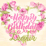 A stunning heart made of pink roses surrounds the elegant script text 'Happy Birthday Luvinia' on a soft beige background. Animated sparkles add a magical and festive feel.