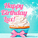 A festive cupcake with pink icing, a gingham bow, and a lit animated sparkler, paired with 'Happy Birthday Lux!' in bright pink text.