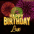 Wishing You A Happy Birthday, Lux! Best fireworks GIF animated greeting card.