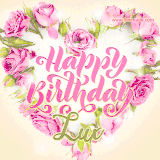 A stunning heart made of pink roses surrounds the elegant script text 'Happy Birthday Lux' on a soft beige background. Animated sparkles add a magical and festive feel.