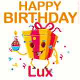 A vibrant and funny gift box character with a happy face dancing with a cupcake and the text 'Happy Birthday Lux,' surrounded by animated confetti and party vibes.
