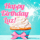 A festive cupcake with pink icing, a gingham bow, and a lit animated sparkler, paired with 'Happy Birthday Luz!' in bright pink text.