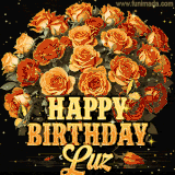 Animated bouquet of orange roses with moving butterfles and golden 'Happy Birthday Luz' text, surrounded by sparkling accents and a dark backdrop for a luxurious feel.