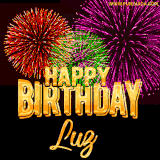 A golden 'Happy Birthday Luz' message with vibrant fireworks in the background, creating a festive and celebratory vibe in this animated name GIF.