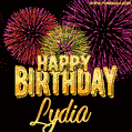 Wishing You A Happy Birthday, Lydia! Best fireworks GIF animated greeting card.