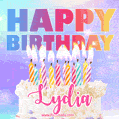 Animated Happy Birthday Cake with Name Lydia and Burning Candles