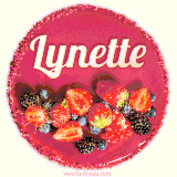 Beautifully decorated red velvet berry birthday cake with vibrant fruits and a glowing 'Lynette' name, adding a touch of sweetness and sparkle.