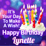 A colorful birthday GIF for Lynette featuring a cupcake with vibrant lit candles and the text 'It's Your Day to Make a Wish! Happy Birthday Lynette' in bold letters on a festive purple background.