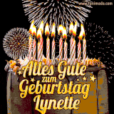 A chocolate birthday cake with glowing candles, the German text 'Alles Gute zum Geburtstag Lynette,' and vibrant fireworks lighting up the background in an animated GIF.