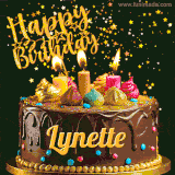 A delightful chocolate birthday cake with bright candles and 'Happy Birthday Lynette' written in gold amidst a shower of animated stars.