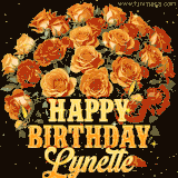 Animated bouquet of orange roses with moving butterfles and golden 'Happy Birthday Lynette' text, surrounded by sparkling accents and a dark backdrop for a luxurious feel.