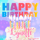 A vibrant animated name GIF with the words 'Happy Birthday Lynette' with colorful candles on a creamy cake. The background sparkles with pastel shades, adding a festive touch.