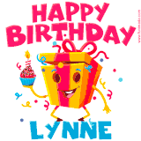 A vibrant and funny gift box character with a happy face dancing with a cupcake and the text 'Happy Birthday Lynne,' surrounded by animated confetti and party vibes.