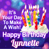 A colorful birthday GIF for Lynnette featuring a cupcake with vibrant lit candles and the text 'It's Your Day to Make a Wish! Happy Birthday Lynnette' in bold letters on a festive purple background.
