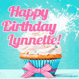 A festive cupcake with pink icing, a gingham bow, and a lit animated sparkler, paired with 'Happy Birthday Lynnette!' in bright pink text.