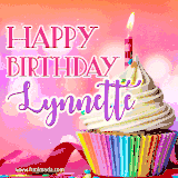 A vibrant birthday GIF featuring a rainbow-colored cupcake topped with white frosting, sprinkles, and a lit candle. The text reads 'Happy Birthday Lynnette' in bold pink and violet letters with white outline.