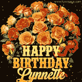 Animated bouquet of orange roses with moving butterfles and golden 'Happy Birthday Lynnette' text, surrounded by sparkling accents and a dark backdrop for a luxurious feel.